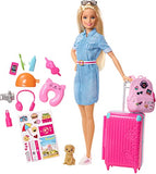 Barbie Travel Doll, Blonde, with Puppy, Opening Suitcase, Stickers and 10+ Accessories